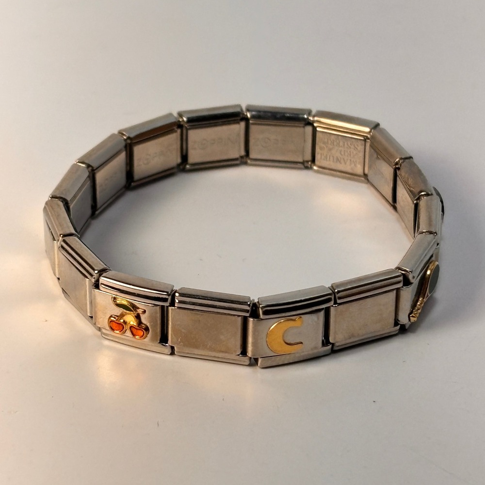Zoppini Italian Charm Bracelet Silver Stainless Steel Y2K Retro Cherry Tennis